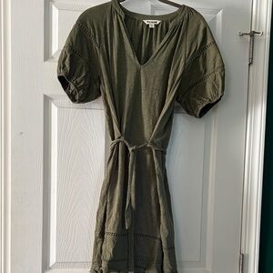 Olive Green Puff Sleeve Dress - cotton